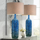 Possini Euro Design 36" Tall Large Mid Century Modern Farmhouse Rustic Coastal End Table Lamps Set of 2 Teal Blue Ceramic Living Room Bedroom Bedside Nightstand House Office Home Reading Tan Shade