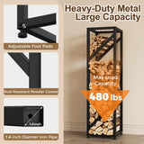 HongTaok Firewood Rack Indoor 47 Inch Tall, 4-Tier Heavy-Duty Firewood Holder for Fireplace with Minimalist Style, Decorative Log Rack, Flexible Storage, Space-Saving, Easy Assembly, Black