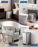 Garvee Space-Saving Bathroom Trash Can, 3.4 Gallon Small Trash Can with Soft-Close Lid, Foot Pedal & Removable Inner Bucket, Rectangular Stainless Steel Garbage Can for Home, Office, Silver