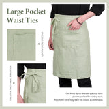 Pure Linen Bistro Half Apron - 25 x 35 Inch Unisex Waist Aprons with Large Pocket Ideal for Kitchen Crafts and More (Sage)