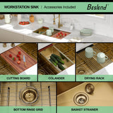 Beslend 30 Inch Gold Undermount Kitchen Sink, 30x19 50/50 Double Bowl Workstation Sink, 16 Gauge T304 Heavy Duty Stainless Steel Low Divide Golden Kitchen Sink with Gold Accessories