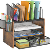 DAOUTIME 4-Tier Mesh Desk Organizer, Wooden Desk File Organizer with 5 Vertical File Holders and 2 Pen Holders, Desktop Organizers and Accessories with Drawer for Home Office