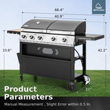 MFSTUDIO 5 Burner Gas Grill Griddle Combo with Porcelain-Enameled Cast Iron Grates,Cutting Board and Double Lids, Duel-Function Propane BBQ Grills
