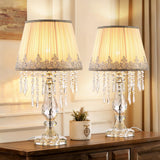 MOOONICHE Crystal Bedside Table Lamp, Dimmable Table Lamp Set of 2 with Ruched Fabric Lampshade, Elegant Plug-in Chandelier Nightstand Lamp for Living Room Girls Room, W 12.6" X H 22.8"