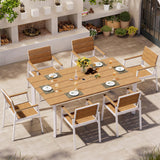 Oasbira Outdoor Dining Set, Patio Table and Chairs Set with Umbrella Hole, 7 Pieces HDPS + Aluminum Patio Dining Furniture Set for Backyard, Garden (White & Teak)