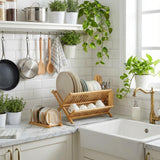 Chicmount 6 Pcs Dish Drying Rack Set 2 Tier Bamboo Collapsible Dish Rack with Utensil Holder Plate Holder and Mat for Kitchen Organizer, Cabinet Pot Lid, Bowl, Cup, Chopsticks, Utensils