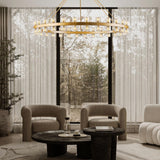 60 Inch Gold Wagon Wheel Chandelier with Crystal Shade, 60 Lights