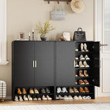 45'' Shoe Storage Cabinet, 6-Tier Tall Shoe Rack Holds Up to 30 Pairs, Wood Entryway Organizer Cabinet with Curved Design, Adjustable Shelves for Front Door, Hallway (Black)