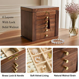 YANSHING 6-Layer Black Walnut Wooden Jewelry Box with Lock and Key, Large Luxury Jewelry Organizer Box for Women, Ideal Christmas Gift for Wife, Mom or Her, Earring & Necklace Storage with Ring Trays