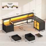 SEDETA 78.7” Large L Shaped Gaming Desk with Drawers, LED Light