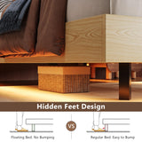 Einhomn Floating Bed Frame Twin with 2-Tier Storage Velvet Fabric Upholstered Headboard, Wooden Platform Bed Frame w/Charging Station & LED Lights, Metal Slats Support, No Box Spring Needed, Natural