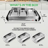 Nutrichef Professional Stainless Steel Buffet Warmer Server with 3 Trays | Portable Hot Plate Food Warmer Station for Parties & Events | Easy to Clean | 3 See-through lids | Max Temperature 175F