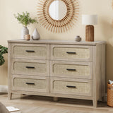 PIXOURA Rattan 6 Drawer Dresser for Bedroom, 48'' Wide Chest of Drawers with Metal Handles, Boho Dresser TV Stand, Wood Closet Dresser for Living Room, Hallway, Grey Oak