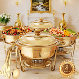AurumPot Chafing Dishes for Buffet 4 Pack, 6QT Food Warmers for Parties Buffet, Christmas Gatherings [Elegant All-Gold Colors] Stainless Steel Round Chafing Dish Buffet Set,Buffet Servers and Warmers
