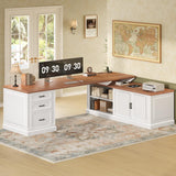 SEDETA Farmhouse L Shaped Desk with Drawers, 70.9" Home Office Desk with Storage Cabinet and Storage Shelves, L Shaped Computer Desk with Power Outlet，White+Brown