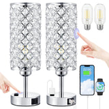 Hong-in Crystal Lamp Touch Control Set of 2, Sliver Crystal Table Lamps with USB C+A Ports & AC Outlet, 3-Way Dimmable Nightstand Touch Lamp, Modern Bedside Table Lamp for Bedroom(Bulbs Included)