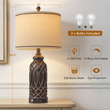 WIHTU Farmhouse Table Lamps Set of 2, Black-Gold Resin Table Lamps with USB Ports, Touch Button Switch, Woven Wicker Pattern, Linen Shade, Nightstand Lamp for Decor (2 Bulbs Included)
