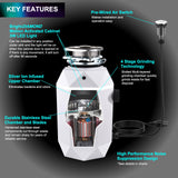 FORNO ACQUA BrightDIAMOND Moonstone 3/4 HP Garbage Disposal, Super Quiet Waste Disposer with Motion Sensor Cabinet Light, Pre-Wired Air Switch, Stainless Steel Chamber, Continuous Feed