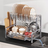 2 Tier Dish Drainer Drying Rack for Kitchen Counter, Large Stainless Steel Dishes Dryer with Drainboard, Space Saving, Big Rustproof Metal Modern Countertop Plates Strainer with Utensil Holder, Sliver