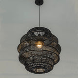 Outdoor Handmade Rattan Pendant Light Coastal Boho 1-Light 20 in. Matte Black Tiered Drum Ceiling Light for Patio with Wicker Rattan Shade