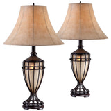 Franklin Iron Works Cardiff Traditional Rustic Urn-Shaped Table Lamps 33" Tall Set of 2 with Nightlight Brushed Iron Cage Champagne Glass Beige Fabric Bell Shade for Living Room Bedroom House