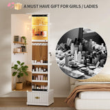 Lvifur 360° Swivel Jewelry Cabinet with Light and Side Sliding Door for Bedroom White,Standing Jewelry Armoires with Full Length Mirror&3 Photo Frames&Drawer&Movable Wheels for Cloakroom,Dressing Room