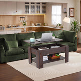 Haiput Wam Lift-Top Coffee Table with Storage Shelf & Secret Compartment | Classic Solid Wood Adjustable Height Table for Living Room, Compact Dining Area, Studio（39.4in Espresso）