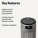 Amazon Basics Space Heater for Indoor Use with PTC Ceramic Technology, 1500W, Remote Control, 70° Oscillation, Digital Controls, 16-inch, Grey