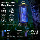 Bug Zapper Outdoor, 4-in-1 Cordless Mosquito Zapper, Rechargeable 4000mAh Waterproof Electric Mosquito Trap with Auto/SOS Mode, Portable Night Light for Camping, Patio, Backyard & Home