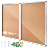 Motipuns 48"x36" Lockable Enclosed Bulletin Board with Glass Door, Weather Resistant Cork Notice Board, Wall Mounted Display Case for School Office Community Outdoor, 12xA4(Brown, Silver Frame)