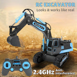 DOUBLE E Remote Control Excavator Toy RC Excavators Rechargeable Battery Digger Hydraulic Construction Toys Vehicles Xmas Gift for Boys Girls Kids 3-14 Years，Gray-Blue