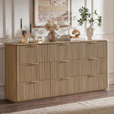 Dresser for Bedroom with 9 Drawers, 63"W Chest of Drawers, Fluted Dresser with Faux Marble Top, Curved Profile Design, Metal Handle, Wood Closet Storage Organizer for Living Room, Hallway, Natural Oak
