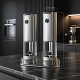 MaNhiBeiBei Electric Salt and Pepper Grinder Set One-hand Operated, Adjustable Coarseness, Stainless Steel body Ceramic Burrs,Pepper Shakers Mills with LED Light,House Warming Cooking Gift (2)