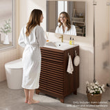 VNN 24 Inch Bathroom Vanity with Ceramic Sink - Freestanding Storage Cabinet with Fluted Design, Soft-Close Doors and Shelves, Compact Modern Storage for Small Bathrooms/Powder Rooms, Walnut