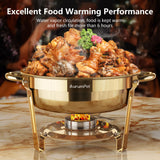 AurumPot Chafing Dishes for Buffet 4 Pack, 6QT Food Warmers for Parties Buffet, Christmas Gatherings [Elegant All-Gold Colors] Stainless Steel Round Chafing Dish Buffet Set,Buffet Servers and Warmers