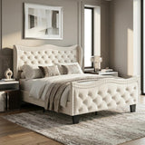 Queen Upholstered Bed Frame, 50-Inch Wingback Headboard, Cream White
