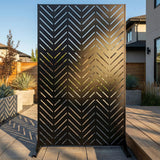 Metal Privacy Screen Outdoor – 6FT Freestanding Decorative Steel Panel with Stand, Laser-Cut Chevron Pattern Modern Privacy Divider