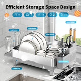 Ewaiira Dish Drying Rack, 304 Stainless Steel Dish Racks for Kitchen Counter, Dish Drainers with Automatic Drainage, Utensil Holder & Cups Holder, Space Saving Kitchen Organizer, Gray