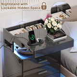 Treocho Led Nightstand with Hidden Space, Modern Night Stand with Charging Station, 3 Drawer Smart Nightstand with Glossy Finish, Tall Bedside Table with RGB Lights for Bedroom, Black
