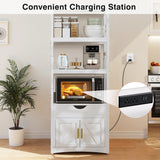 VECELO 3-Tier Microwave Stand with Charging Station, Freestanding Farmhouse Kitchen Rack for 1.0 Cu.Ft. Oven, Coffee Bar Cabinet with Drawer & Storage Shelves, White