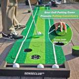 SENSECLUB Golf Putting Game Set, Indoor Foldable Putting Green Mat 12 Holes, Golf Gifts for Men - 1.5x11.5 Ft with Ball-Collect System and 2 Putters