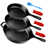 Suteck Cast Iron Skillets 3 piece set | 6", 8" & 10" Pre-Seasoned Cast Iron Pans with 3 Silicone Heat-Resistant Holders - Indoor and Outdoor Use