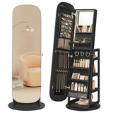 SONGMICS LED Jewelry Cabinet, 360° Swivel Jewelry Organizer, Lockable Mirror Jewelry Cabinet Standing, Rounded Wide Full-Length Mirror with Storage Shelves, Interior Mirror, Ebony Black UJJC036B01