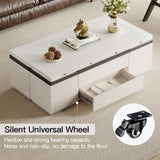 TreLined Lift Top Coffee Table with 4 Storage Stools, Rising Tabletop Center Tables, Expandable Dining Tables with Compartment and Drawer, Modern Office Desk End Table, White, 47.24" L