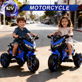 12V Electric Kids Motorcycle for 3-8 Year Old Boys Girls, 3-Wheel Ride-On Toy Motorbike with Lighting Wheels, Music Player (Connect with Phone) and Hand Drive (Blue)