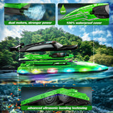 JOI MEW RC Boat with LED Lights for Kids, 2.4Ghz Remote Control Racing Boats for 8-12,Toy Water Boat for Pools & Lakes with Waterproof,Rechargeable Battery, for Boys Girls Green