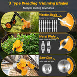 Electric Weed Wacker Cordless with Wheels,Electric Weed Eater Battery Powered 4000mAh,4 in 1 Grass Trimmer/Brush Cutter/Grass Edger/Small Lawn Mower,No String Trimmer with Blade, 2 Battery (Yellow)