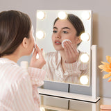 Kotdning Vanity Mirror with Lights,Lighted Vanity Mirror with 9 Dimmable Bulbs for Dressing Room & Bedroom,3 Color Lighting,Modes Detachable 10x Magnification 360°Ratation(White) 12" L x 14.4" W