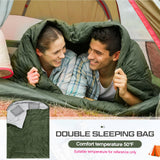 Tranqun 2 Pack Double Sleeping Bag for Adults, Queen Size Two Person Camping Sleeping Bag with Pillow Waterproof 3 Season Cotton Fabric for Hiking Backpacking Warm & Cold Weather(Army Green)