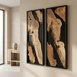 2 Piece Natural Olive Wood Wall Art Set - Live Edge Black Resin Diptych Decor & Handcrafted Modern Rustic Wood Panels, Nature-Inspired Luxury for Living Room - 14x30"